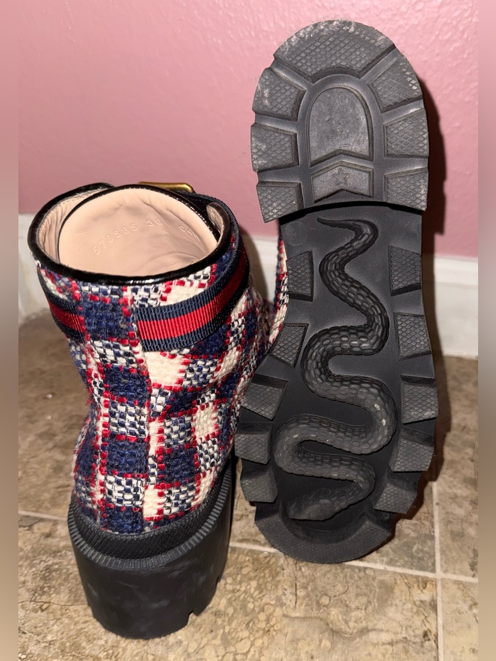 Gucci Sylvie Web Accent Tweed Combat Boots - Picture 8 of 9